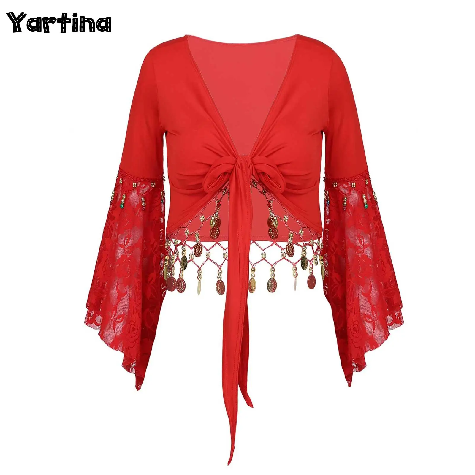 

Womens Cardigan Indian Belly Dance Costume Lace Three Quarter Flare Sleeve Bell Bead Tassel Lace-Up Shawl Crop Tops Cardigan