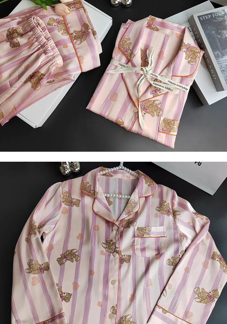 Herbst und Winter Damen Pyjamas Cartoon Rosa Gestreift Bär Pyjamas Strickjacken Lange Ärmel Hosen Loungewear Zweiteiliges Set – Detail 6