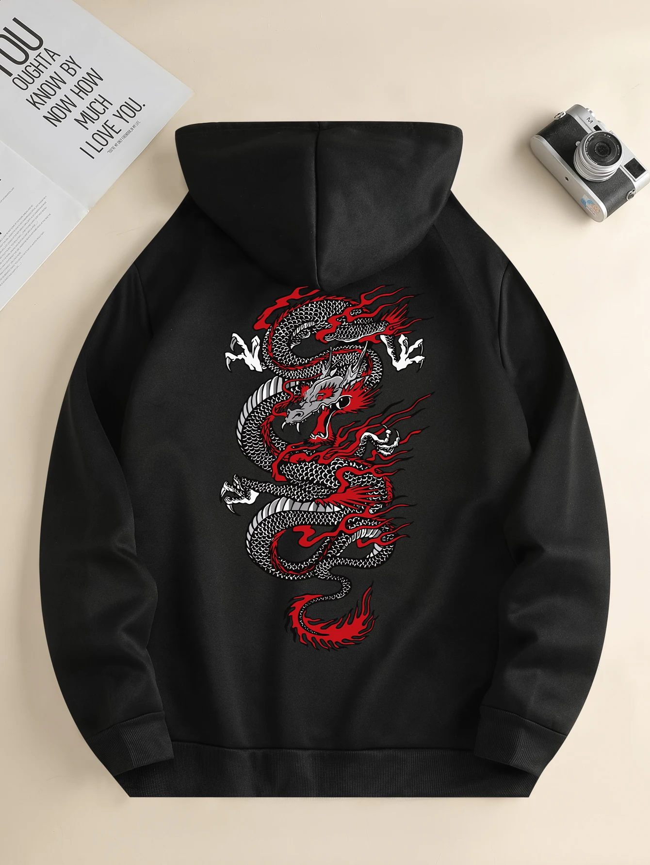 Men's new fashion hoodie, casual daily drawstring hooded sweatshirt dragon print, front kangaroo pocket, men's jacket