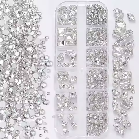 12Grid 3D Clear Nail Art Rhinestones 12Shape Mixed Oval,Butterfly,Heart,Flower,Round Diamond Nail Charms DIY Nail Art Decoration