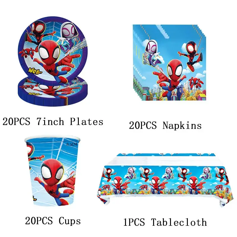 Décoration de fête d\'anniversaire Spidey et ses objets pour garçons, fournitures de fête à thème Spidey Friends, tasse et assiette Britware, ballon