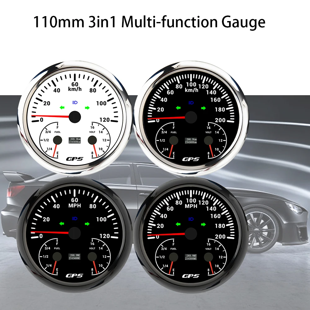 RHAXEL 110mm 3in1 Gauge Speedometer GPS 120 200 KM/H MPH Odometer Fuel Level Gauge Voltmeter 12V for Car RV Boat with Backlight