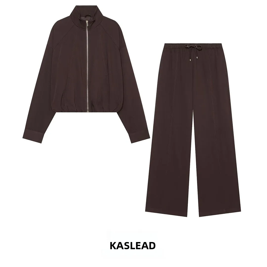 KASLEAD New Women's Pilot Jacket Casual Wide Leg Pants Set High Waist Long Sleeve Zipper Closure Autumn Fashion Outfit