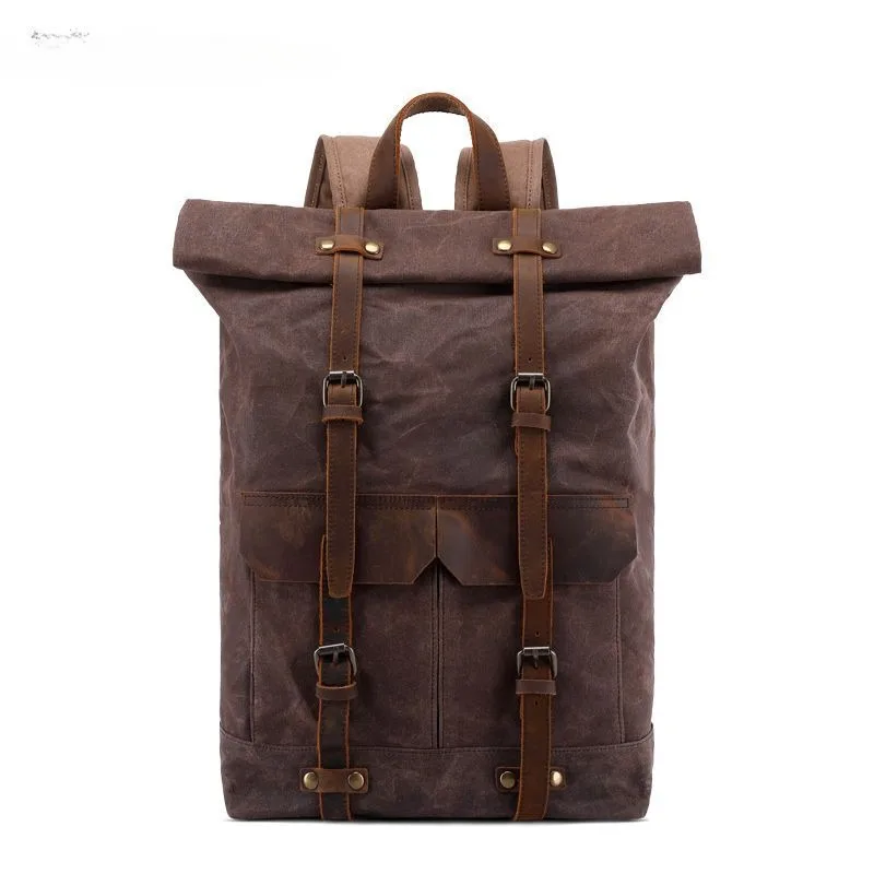 Waxed Canvas Backpack Men Women Travel Bag Genuine Leather and Canvas Computer Leather Backpacks Mountaineering Unisex Bag