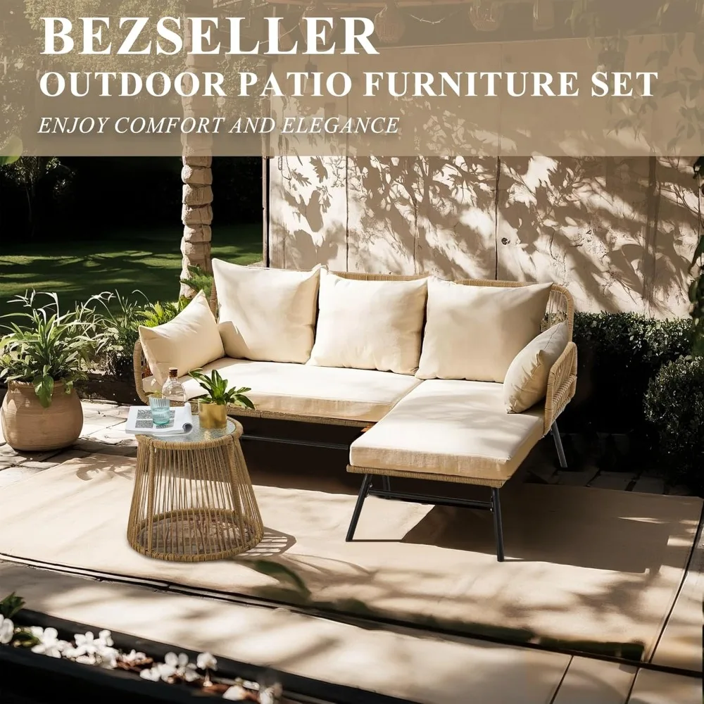 

3-Piece Outdoor Patio Furniture Set – L-Shaped Rattan Sectional Sofa with Detachable Lounger, Glass Coffee Table, Customized