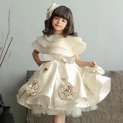Jill Wish-vestidos elegantes de color Beige para niña, flores hechas a mano con tocado para niños, boda, cumpleaños, vacaciones, fiesta, 2025 J104