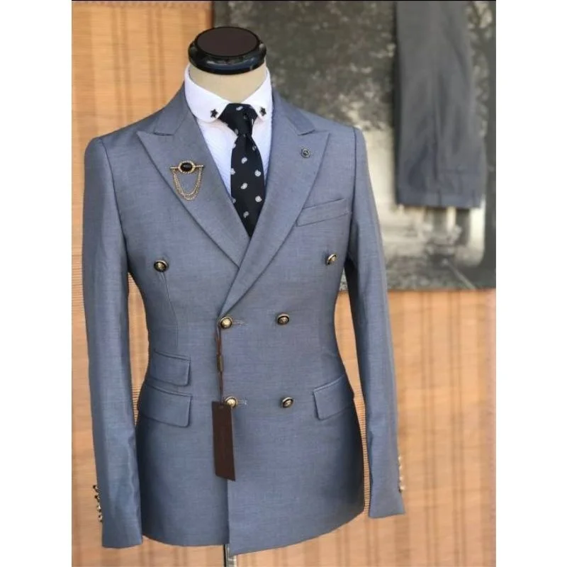 

Men Suits Grey Tailor Made 2 Pieces( Blazer+Pants) Double Breasted Classic Wedding Tuxedos Terno Masculino Business Male Suit
