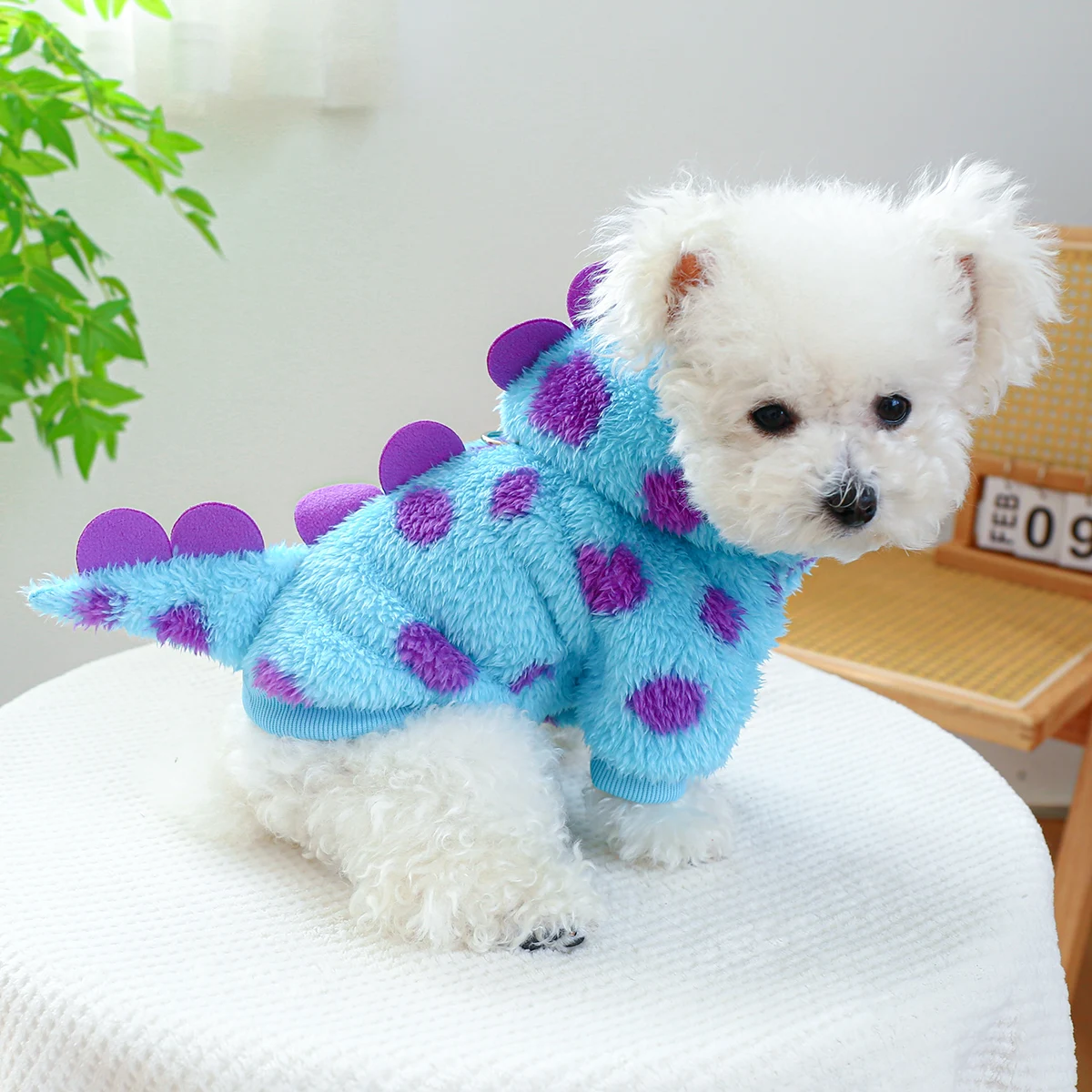 1pc Pet Clothing Dog Autumn And Winter Thickened Warm Blue Dinosaur Hooded Coat With Drawstring For Small Medium Dogs