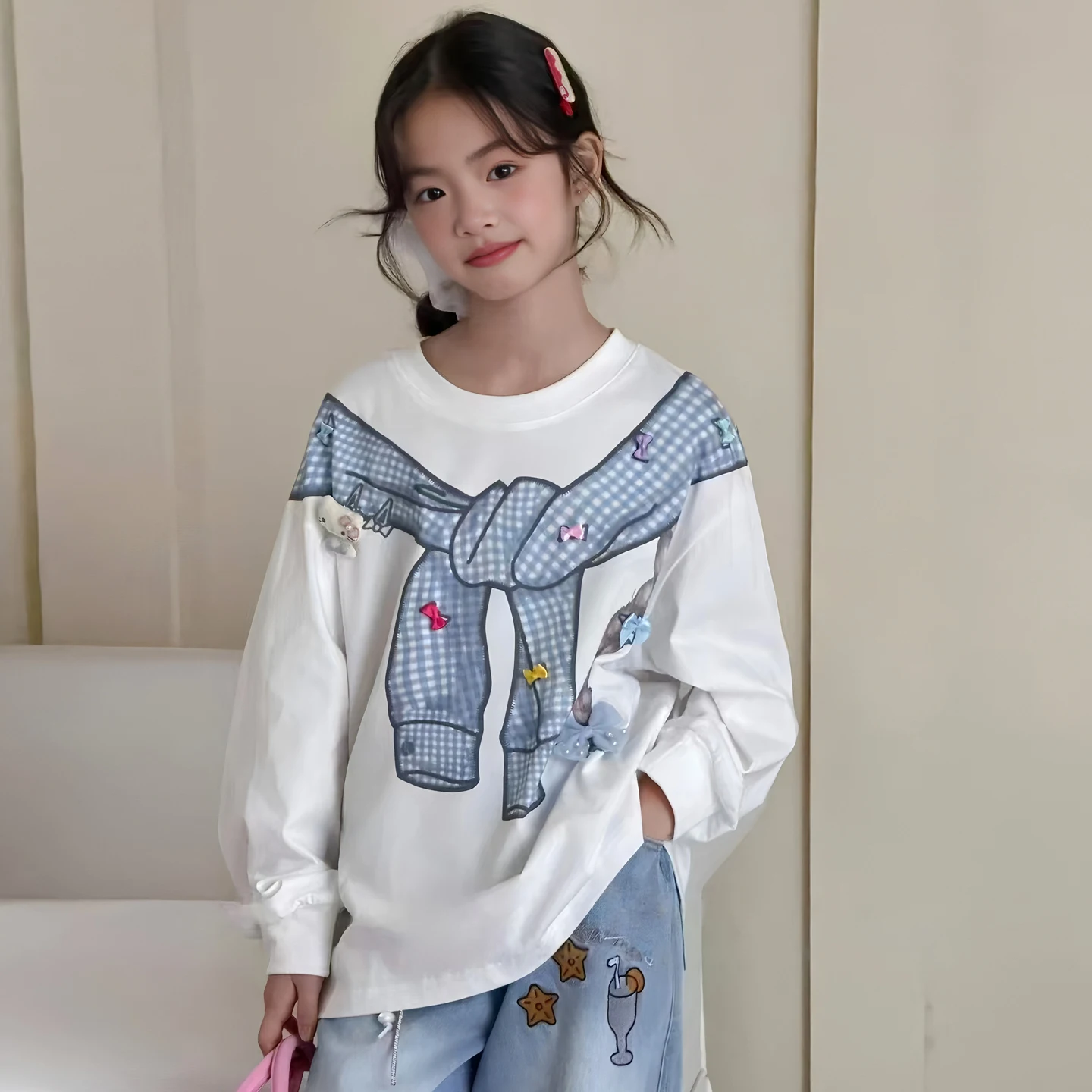 Childrens Top White Fake Two Piece T-shirt 2026 Spring Autumn New Loose Cotton Long Sleeved Shawl print design School Daily Wear
