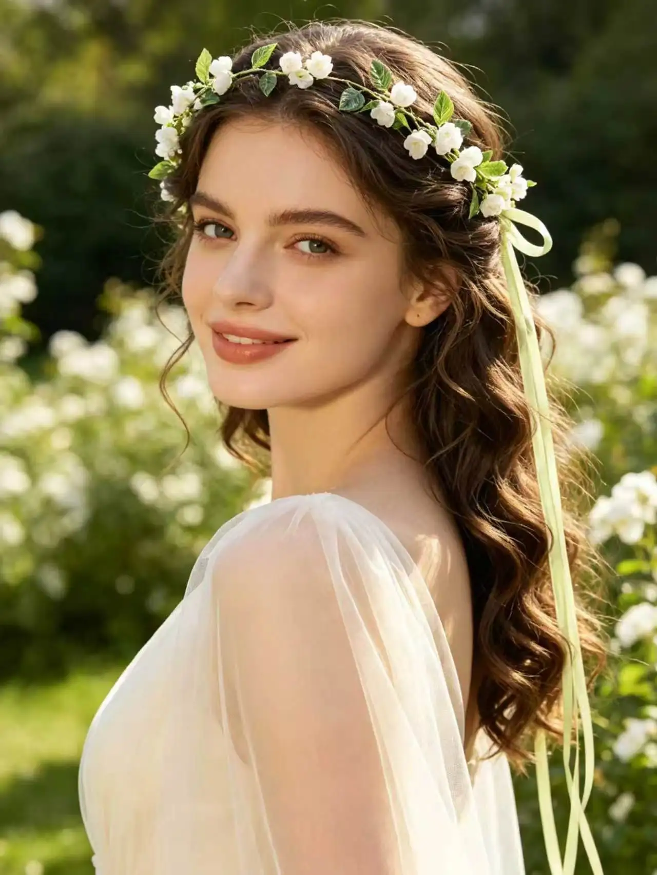 Forest-Style Floral Green Leaf Headband for Brides, Outdoor Wedding Hair Accessory, Ribbon Bow Wreath Hair Ornament, Photo Shoot Styling Headband
