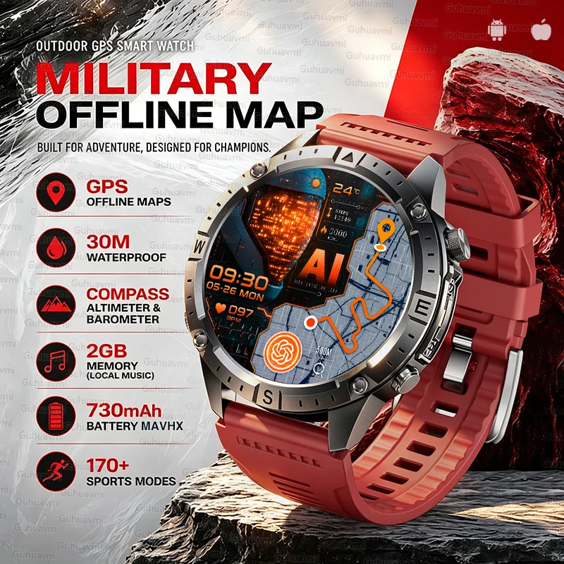 

New 2GB RAM GPS Smart Watch Men with Offline Map Military 3ATM Waterproof Swimming Bracelet Positioning Navigation Sport Watches