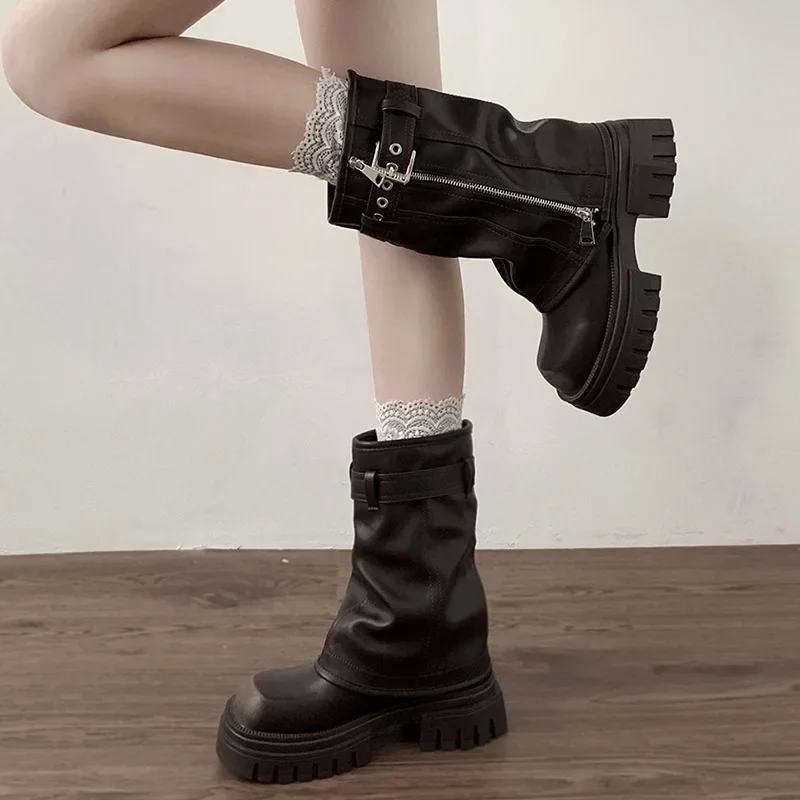 Winter Women Biker Boots Fashion Belt Buckle Ladies Elegant Platform Flats Short Booties Casual Women's Knight Booties