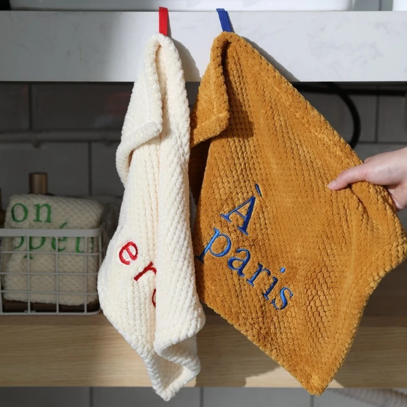 1Pcs Nordic Hanging Hand Towel Home Embroidery Thickened Coral Velvet Absorbent Small Towel for Kitchen Bathroom Hankerchief