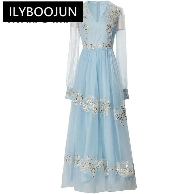 

ILYBOOJUN Summer Fashion Designer High Quality Women Dress Temperament Net Yarn Embroidery Sequins Beading Elegant Dresses