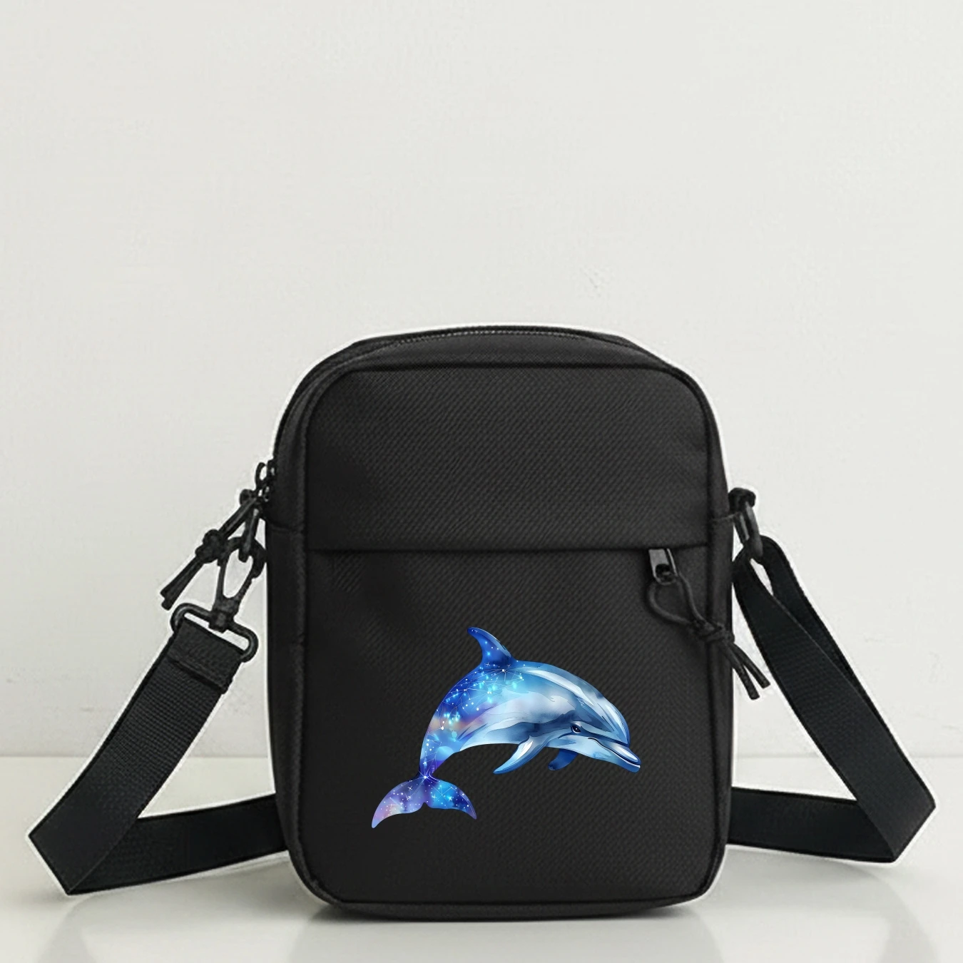 Trendy Mini Shoulder Bag with Starry Watercolor Dolphin Print, Adjustable Strap, Zipper Closure, Perfect for Party, Cycling,