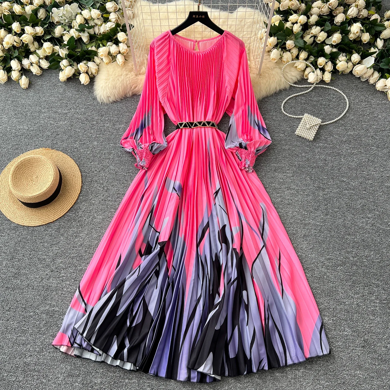 Vintage Elegant Pleated Print O Neck Lantern Sleeve Dress  A-line Fashion Chiffon Spring Autumn Vestidos Women Dresses