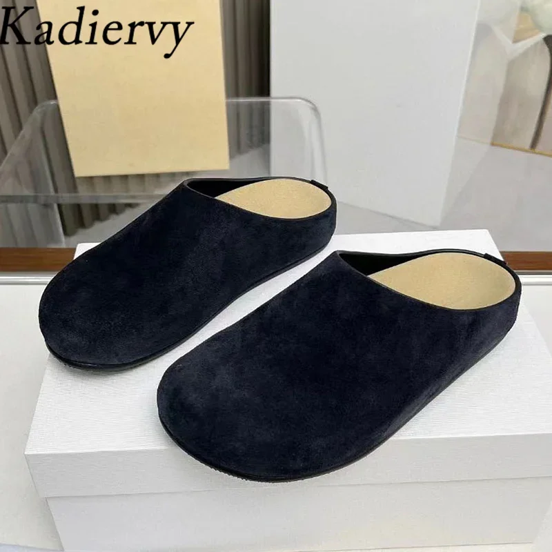 

New Cow Suede Slippers Women Round Toe Slides Summer Flat Mules Shoes Women Thick Sole Casual Comfort Half Slippers Woman