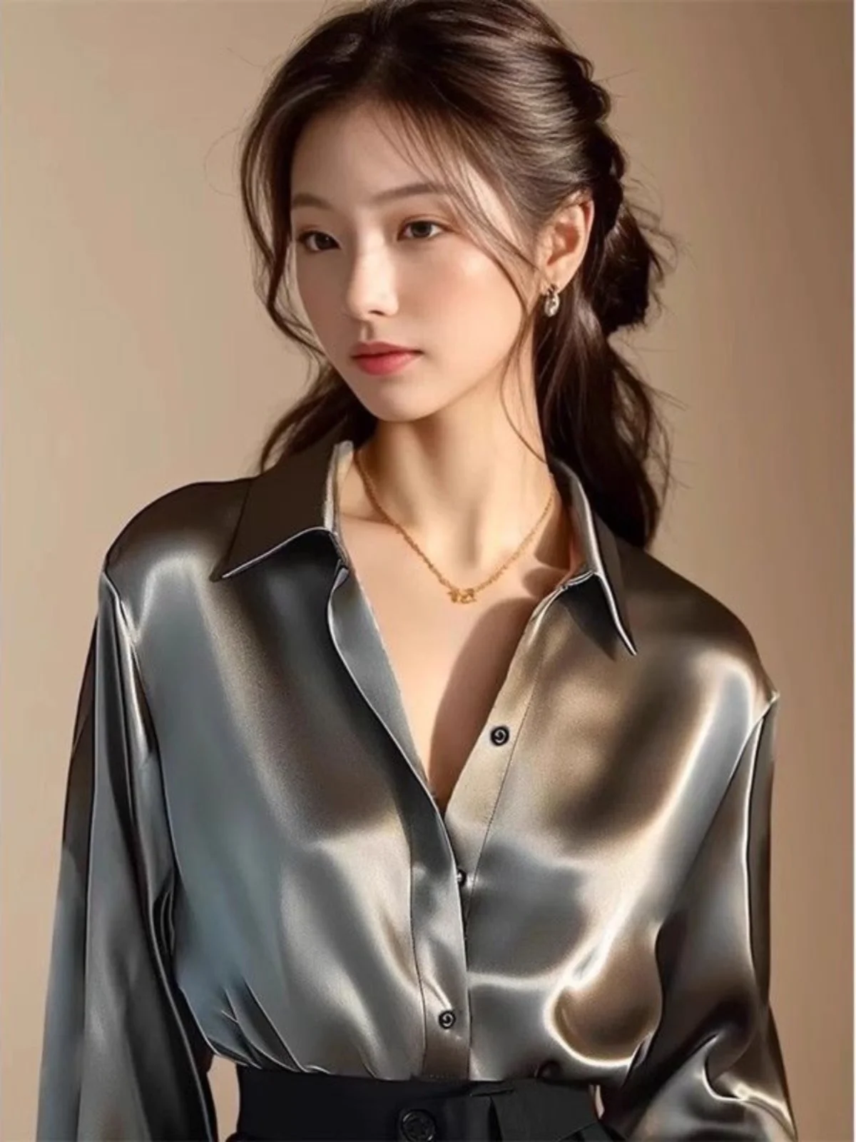 เสื้อเชิ้ตผู้หญิง แขนยาว ผ้าซาติน คอปก ทรงเข้ารูป ดีไซน์เรียบหรู ใส่ได้หลายโอกาส แฟชั่นใหม่ ต้นฤดูใบไม้ผลิ เหมาะสำหรับใส่ไปทำงาน