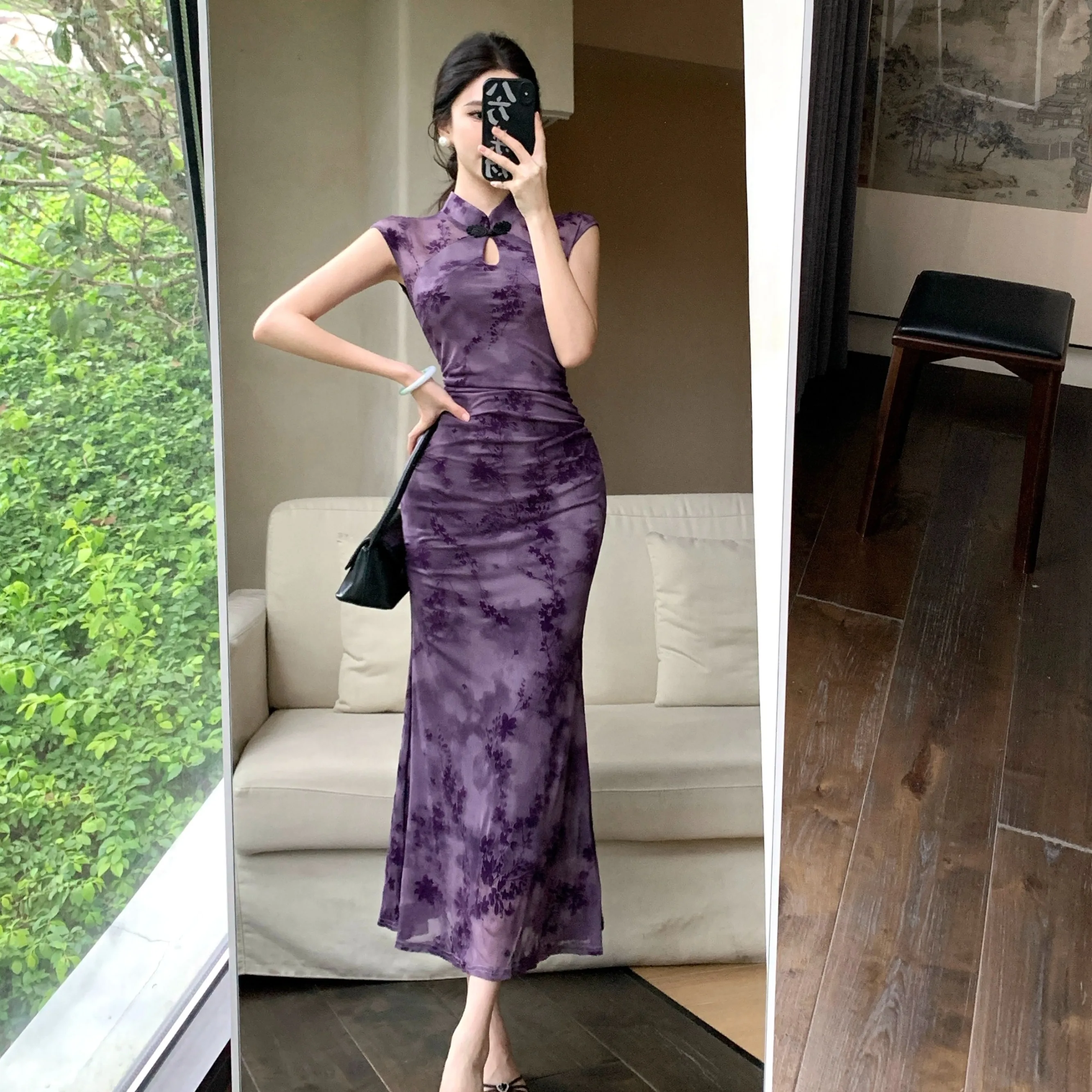 Nieuwe Chinese Sle Afslankende Lange Dr f Sve Fi Staartrok Ontwerp Veelzijdige Zomer Dames Faion Retro Wind