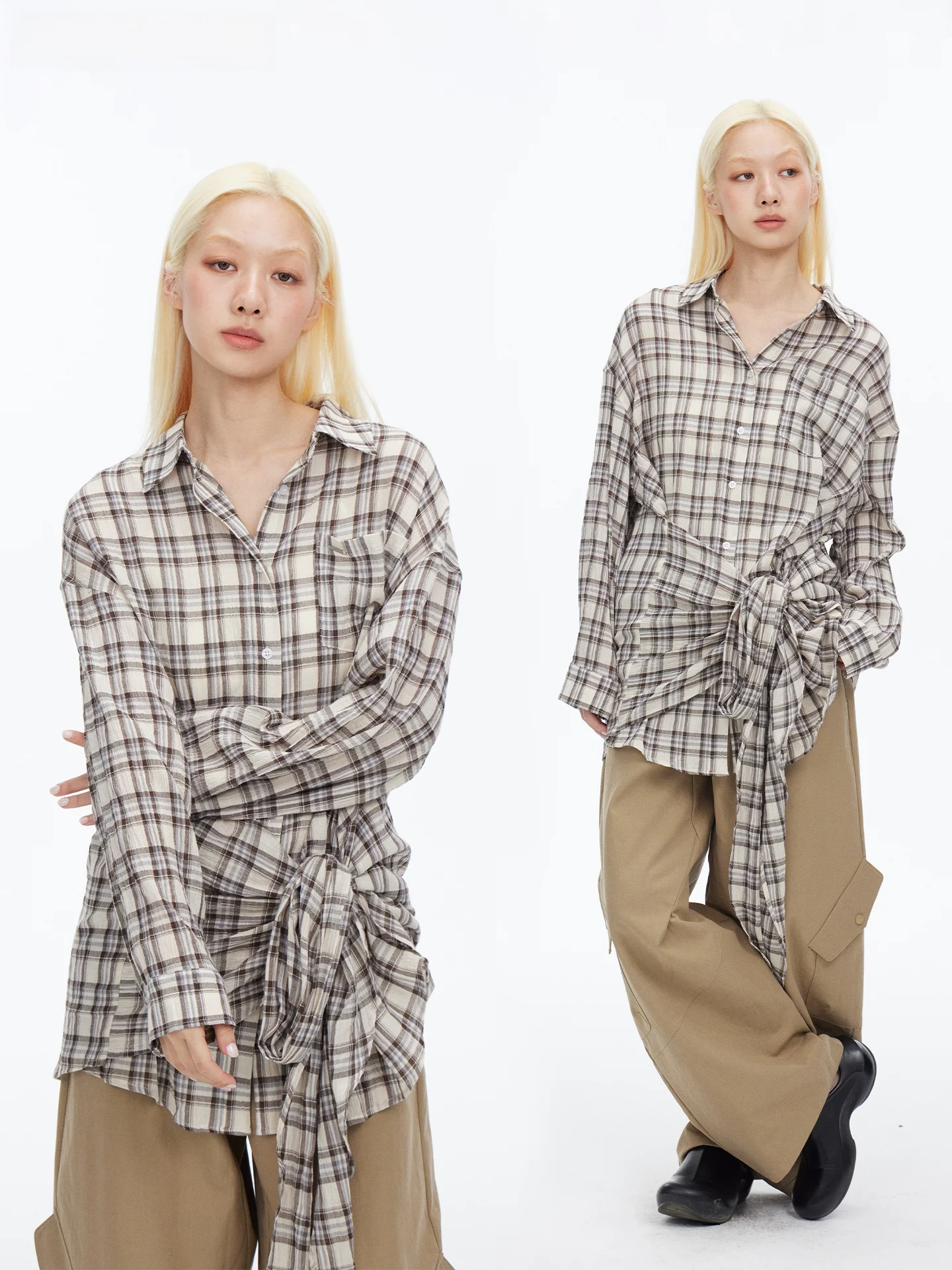 

Винтажная свободная рубашка HORAHORA с галстуком-бабочкой, длинная, хлопковая, в клетку, женская, весенняя, модная, повседневная, удобная, стильная