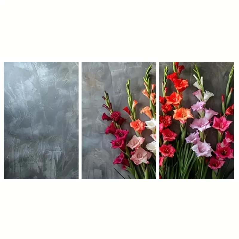 2D Flat, 3pcs Modern Botanical Floral Wall Art Prints - Gladiolus Bouquet Suitable for Living Room, Frameless Panel Compatibl