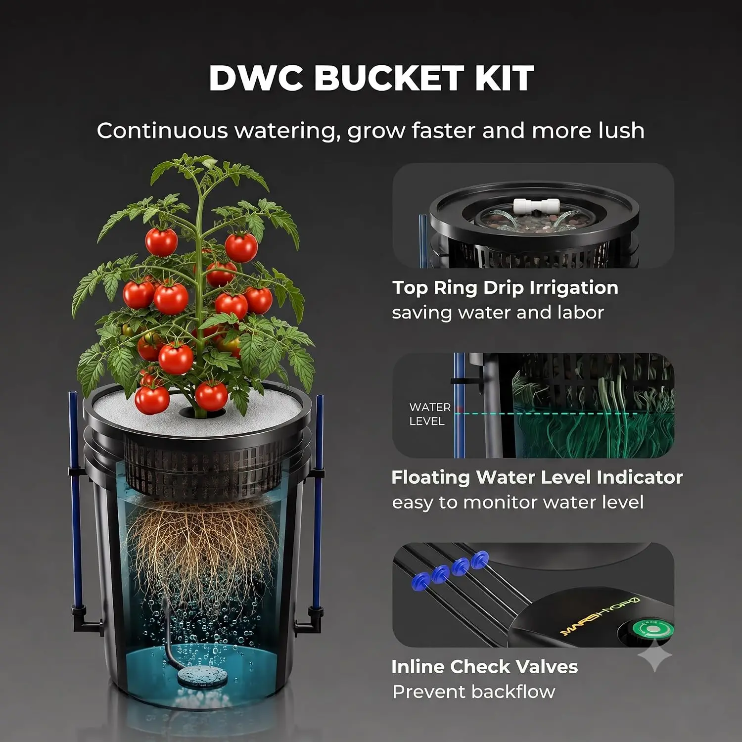 Deep Water Culture Hydroponic 4 Bucket System 5 Gallon Capacity Air Pump Air Stone Hose 11W Drip Recirculating Top DWC Pump - view 3
