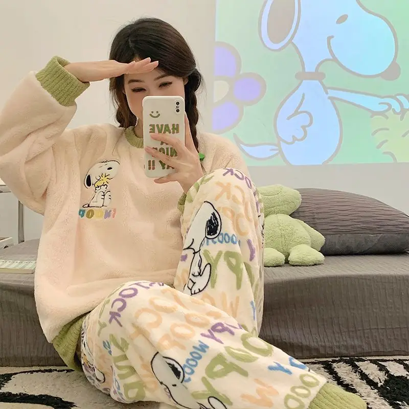 Autumn Winter Women Snoopy Pajama Round Neck Coral Fleece Long Sleeves Long Pants Warm Sleepwear Kawaii Homewear Girls Gifts