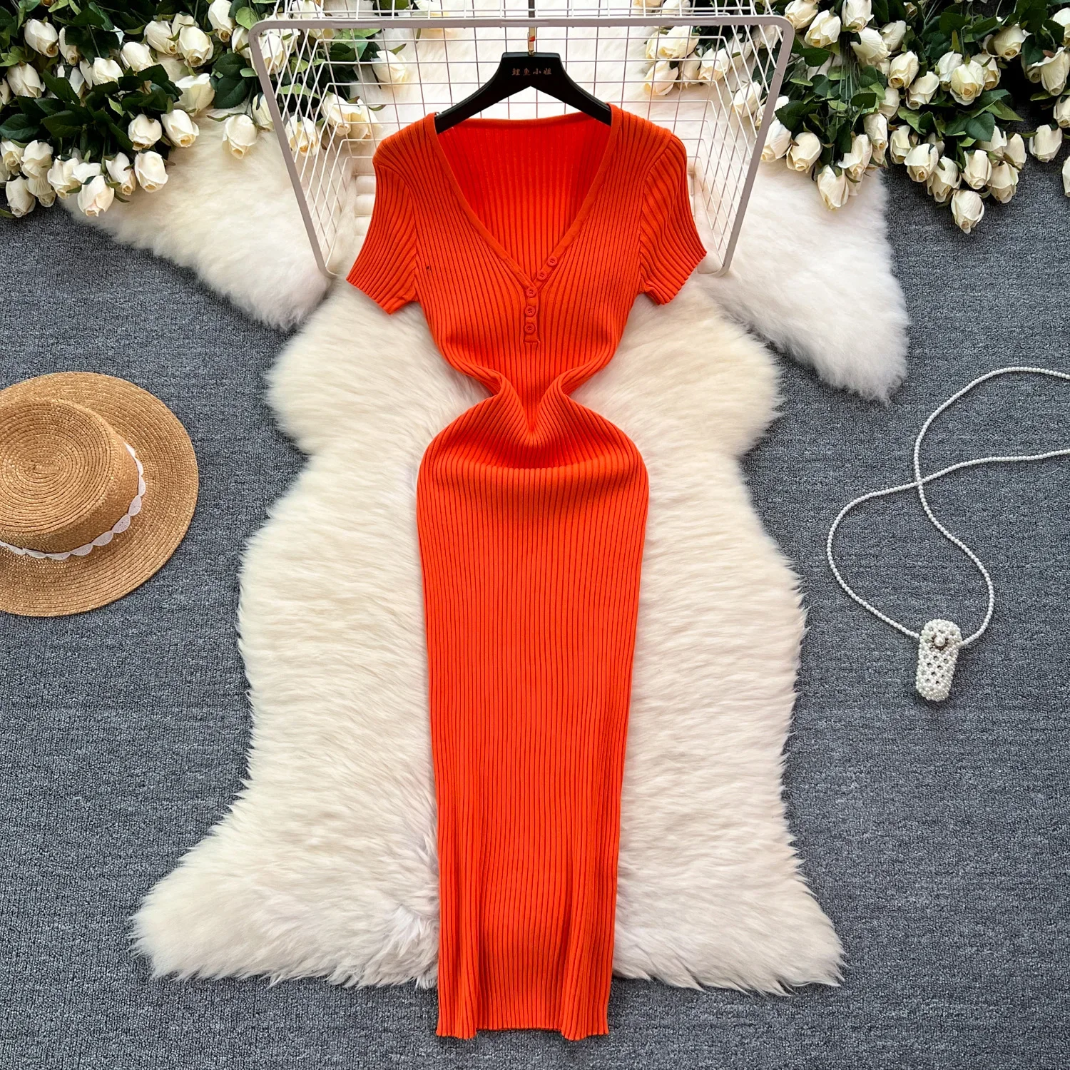 Solid V Neck Knit Bodycon Dress Women Maxi Dress Elastic Summer Elegant Short Sleeve Dress Fashion Dresses