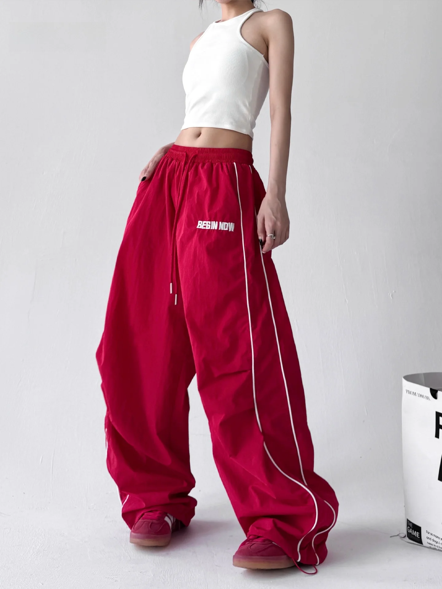 

Retro American Casual Pants Women's Summer New Wide Leg Loose Straight Red Ele Workwear Trousers High Waist Long Pants