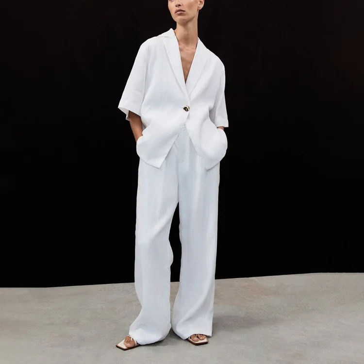 

2026 New Cotton Turn-Down Collar Half-Sleeve Top Wide-Leg Pants Two-Piece Set Women, Simple And Fashionable Commuting Outfit For