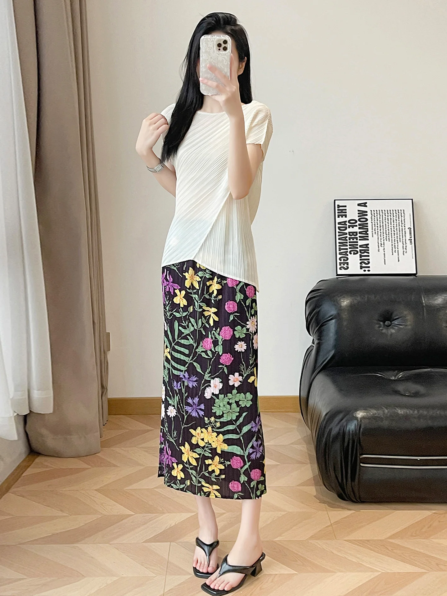 Casual High Waist Printed Pleated Midi Skirt Women's Summer New Style Slimming Hip Covering Elegant Drapey Straight Tube Skirt