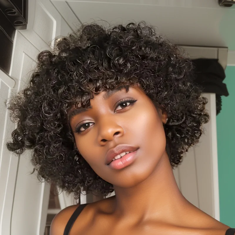 

Brown Afro Curly Bob Pixie Short Human Hair Wigs With Bangs For Women Brazilian Remy Hair Wear and Go Natural Kinky Curly Wigs