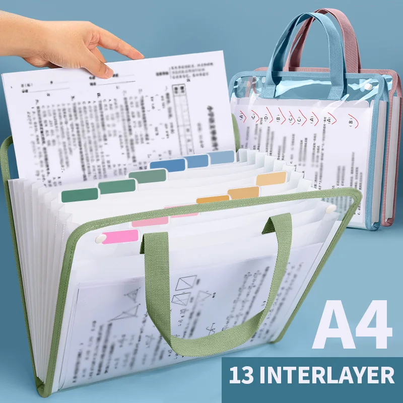 HUAJIE A4 투명 아코디언 파일 가방, 학생용 방수 스냅 폴더, 대용량 휴대용 문서 주최자