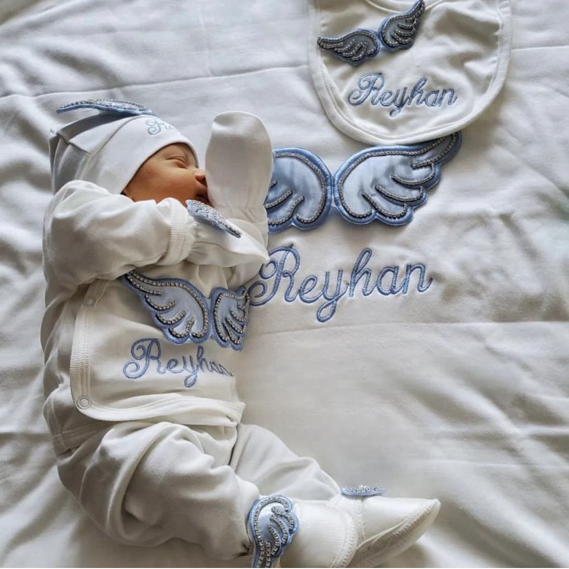 Dollbling Hospital Exit 5pcs Embroidery Name Newborn Angle Wings Romper Blanket  Nursery Bedding Swaddle Handmade Infant Outfit