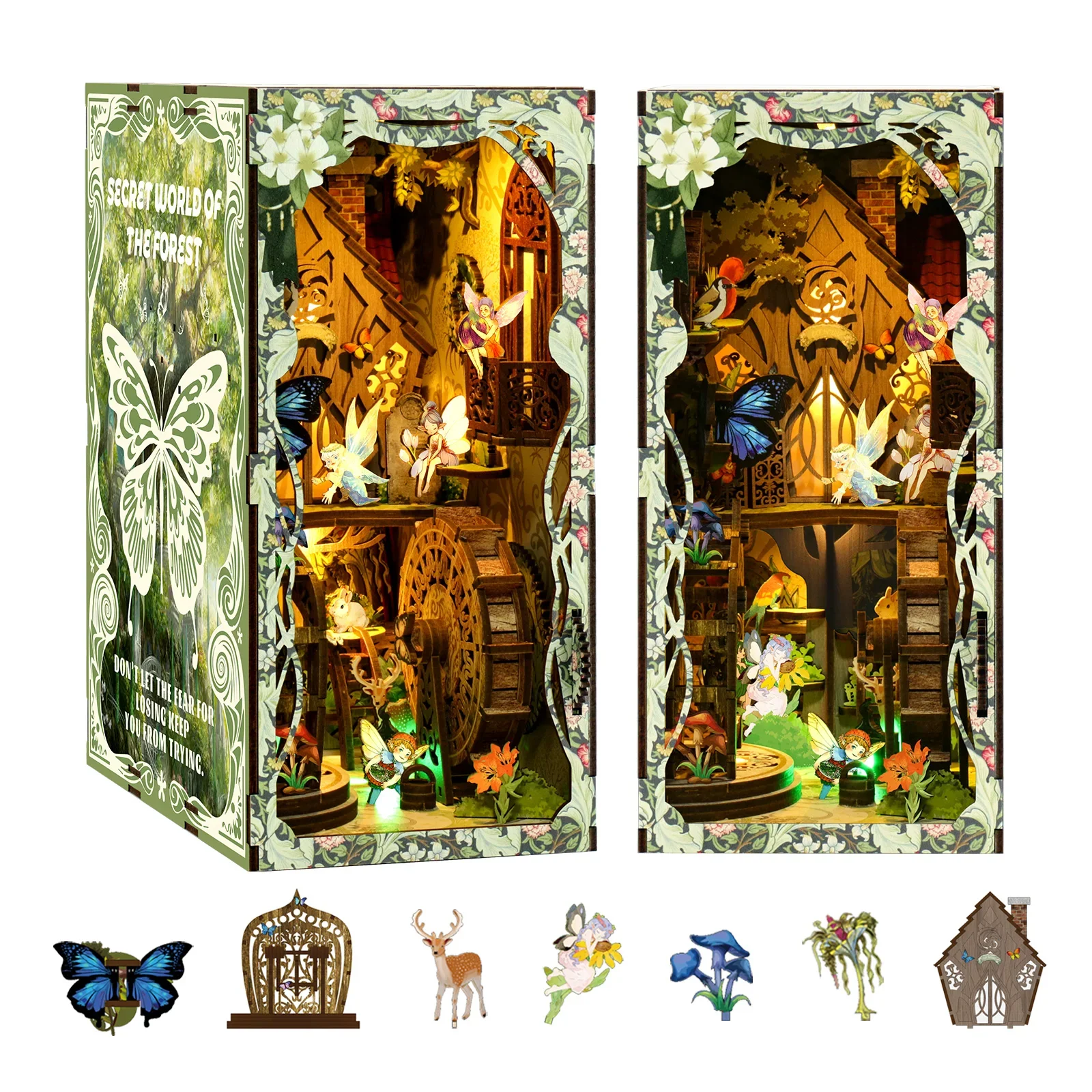 Cool DIY Book Nook Miniature House Kit Enchanted Forest Wooden Dollhouse with LED Light Bookshelf Insert Home Decor Gift - view 6