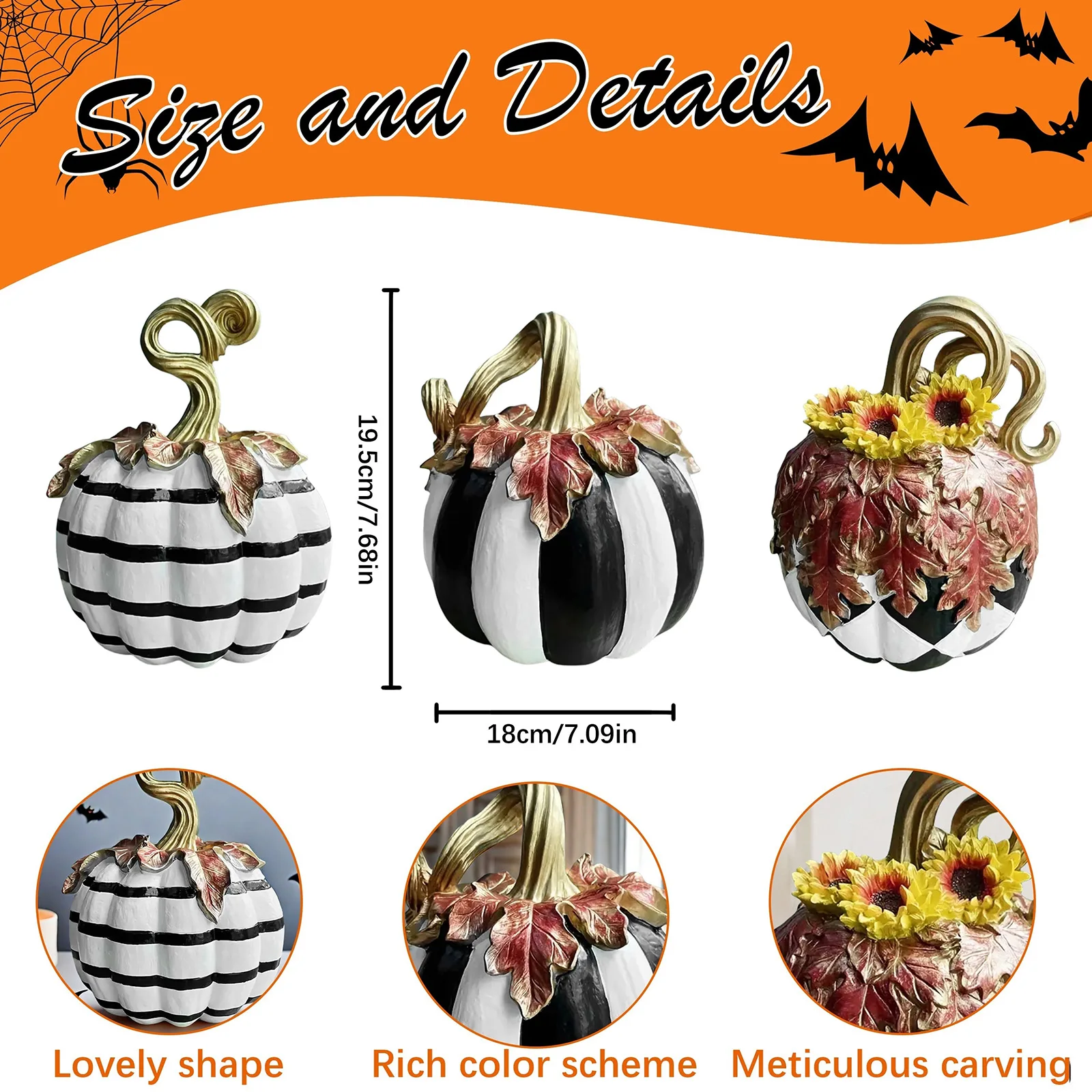 Elegant Black White Harlequin Striped Resin Pumpkin Statue Autumn Sunflower Maple Leaf Desktop Decor Farmhouse Thanksgiving