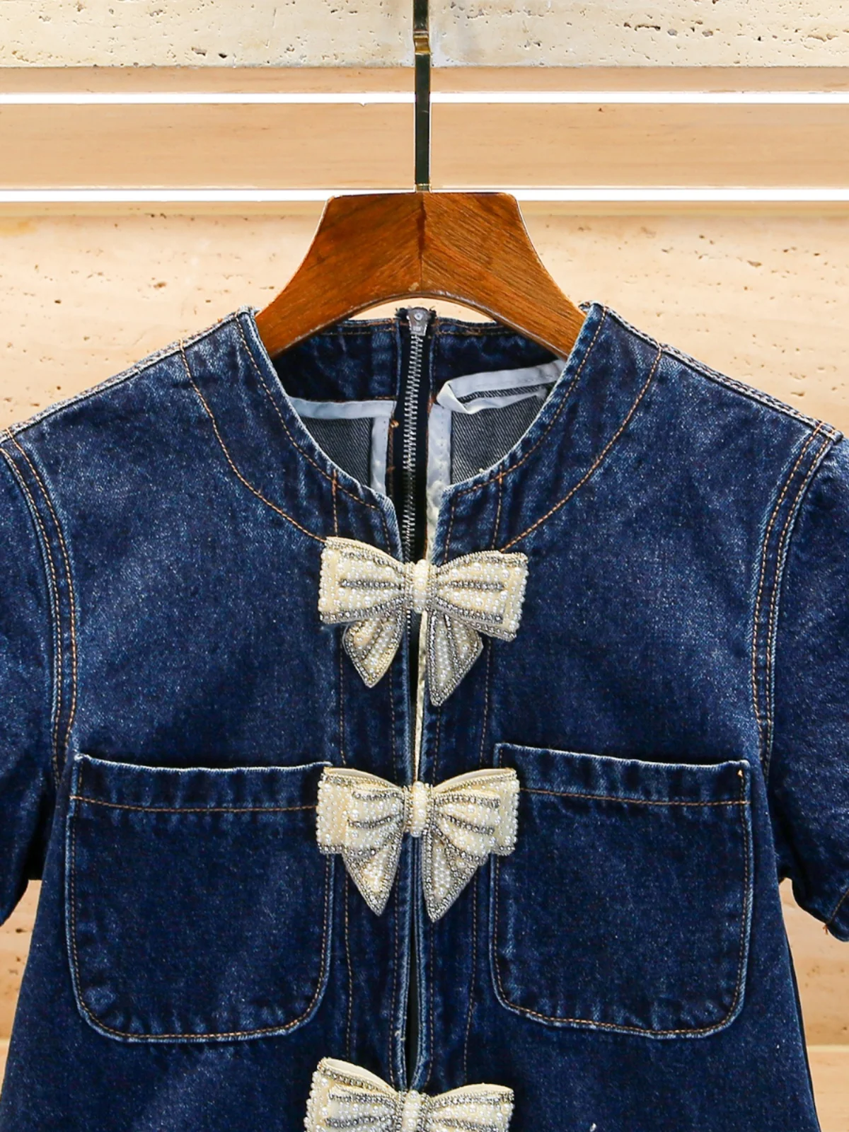 Sanfter Sommer Damen Dr. Soft Sle Stehkragen Knoten Jeansrock A-Linie ort Dr Polyesterfaser Frühling Herbst