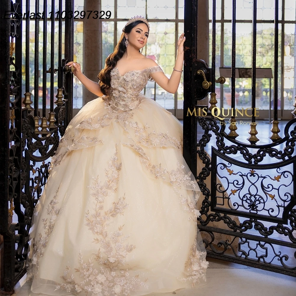 EVLAST Champagne Quinceanera Dress Ball Gown Floral Lace Applique Beaded Cape Sweet 16 Vestido De 15 Anos Customized QD1190