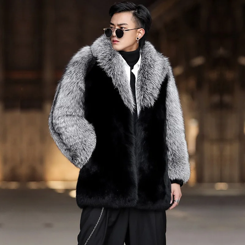 Autumn Winter Men Mid-length Faux Fur Coat Thick Warm Long Sleeve Trench Coat Business Casual Coat Brand Jackets Plus Size