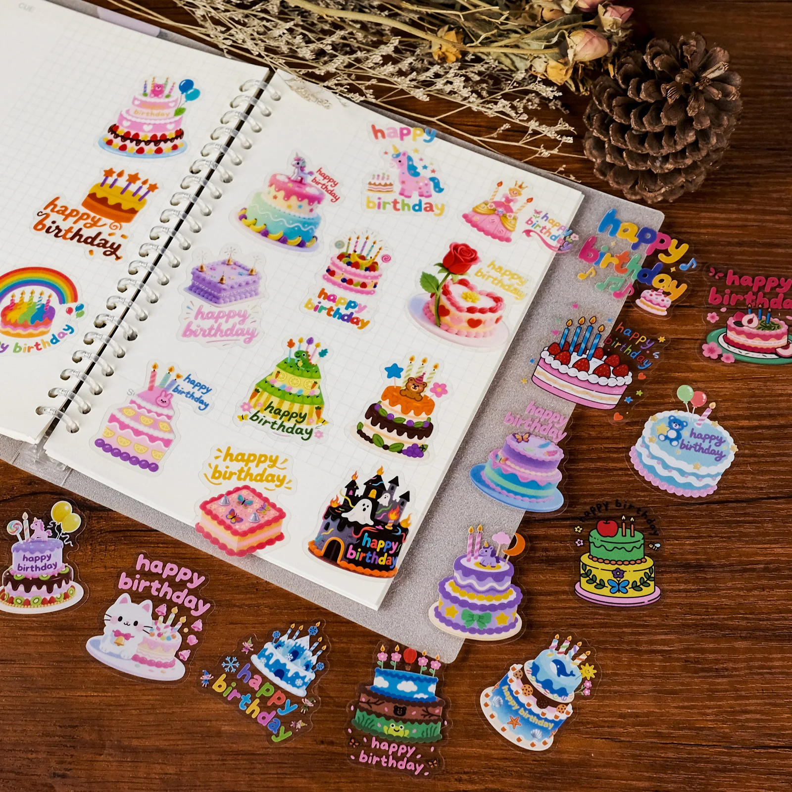 56PCS Cartoon Birthday Cake Transparent PET Stickers Birthday Gifts Waterproof Decoration Stationery Notebook Sticker