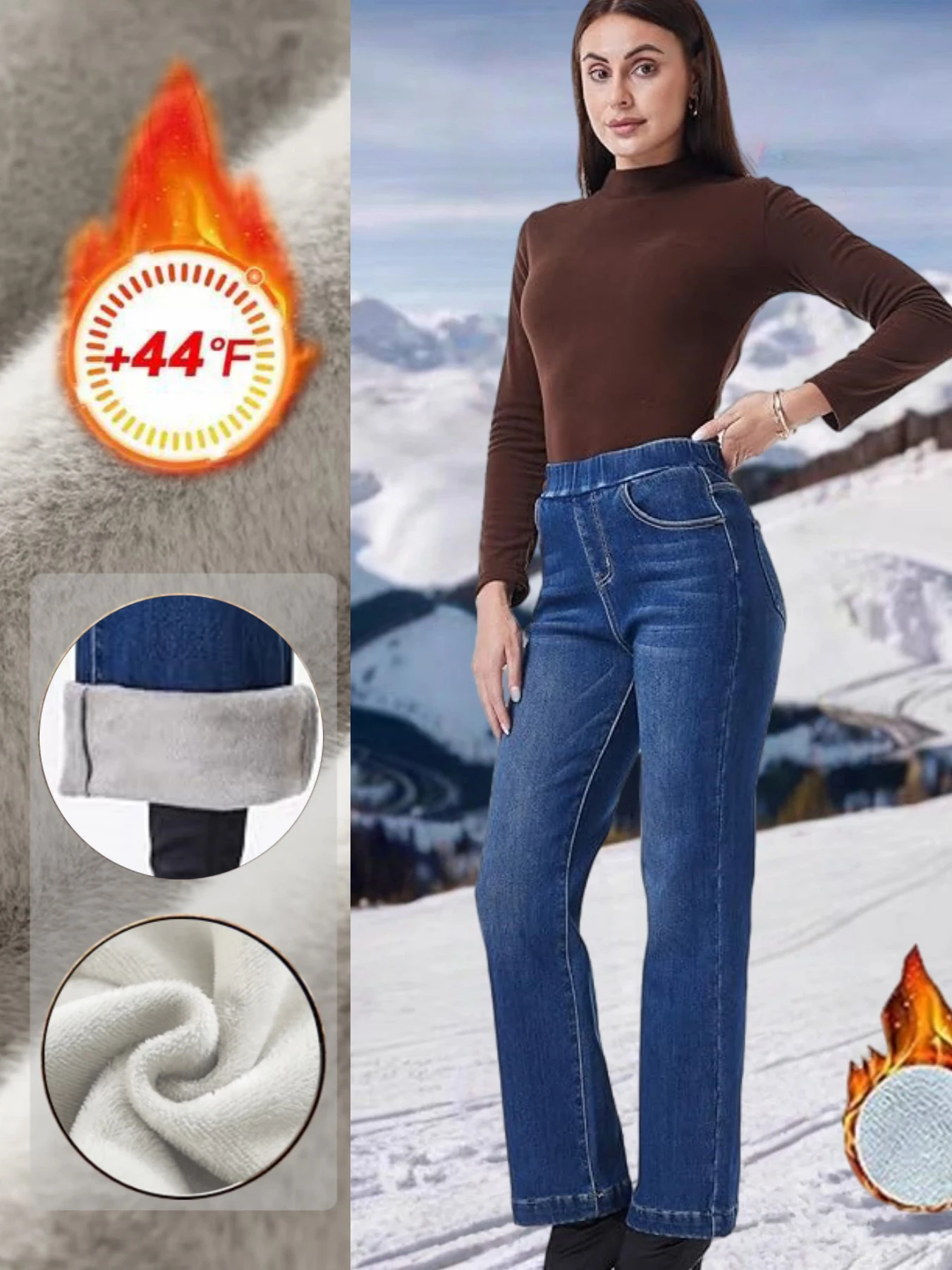 Elastic High Waist Straight Leg Washed Stretchy Slim Fit Thickened Warm Versatile Women's Fleece Lined Jeans