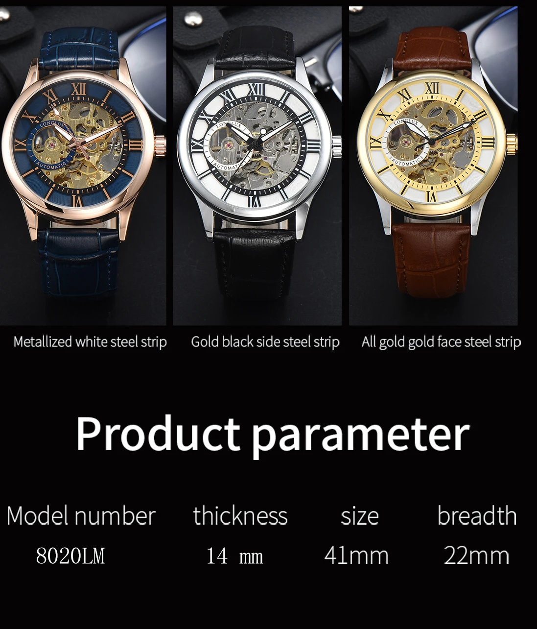 Herren-Automatikuhr, Luxuriöse Mechanische Uhr mit Römischen Ziffern, Wasserdicht, Skelett-Design, Nachleuchtend, Lederarmband, Herrenuhr, Ideal als Geschenk – Detail 6