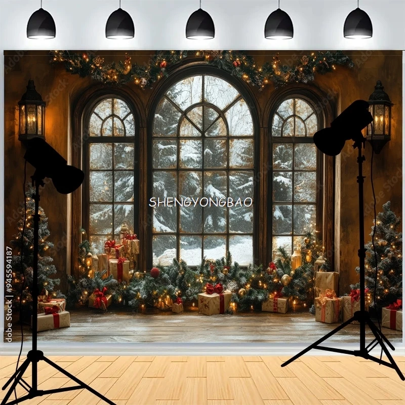 

Christmas Day Wreach Snowflake Photography Backdrops Front Door Winter New Year Cottage Living Room Decoration Background DD-07