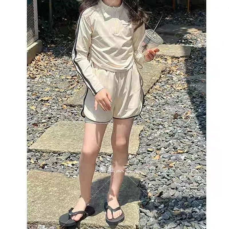 Sunscreen Clothing Girls 2024 Summer Crew Neck Zipper Spliced Pleated Casual Basic Long Sleeve Elastic Shorts Swimwear Sets