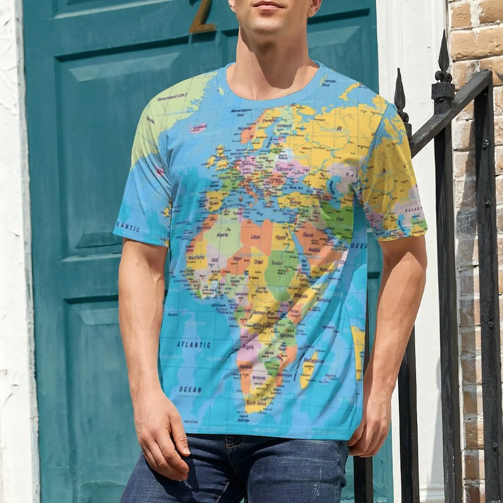 Earth Map T Shirt For Men World Maps Print Graphic O Neck T-Shirts Beach Retro Tops Short Sleeve Basic Oversized Tee Shirt Gift