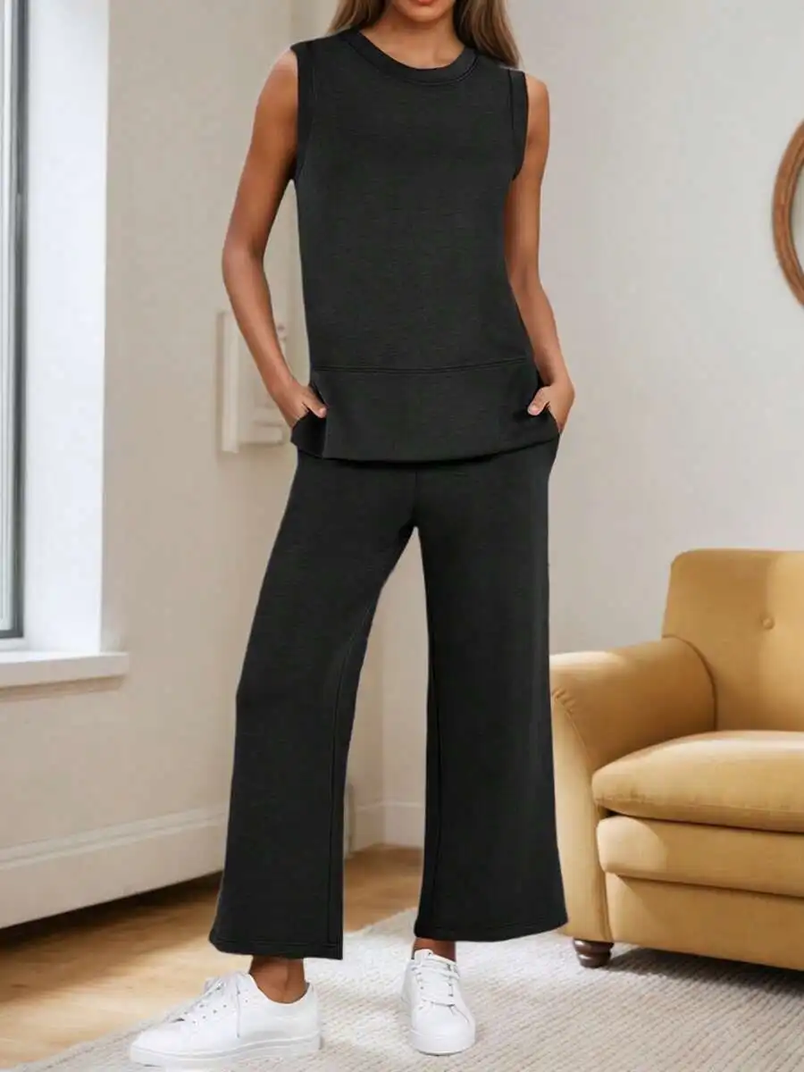 Womens Sleeveless Wide Leg 2 Piece Tracksuit Casual Lounge Set