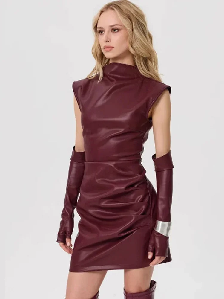 

Women's Skinny Leather Mini Dress Summer Sexy Sleeveless PU Zipper Short Dress Y2k Party Clubwear with Solid Gloves