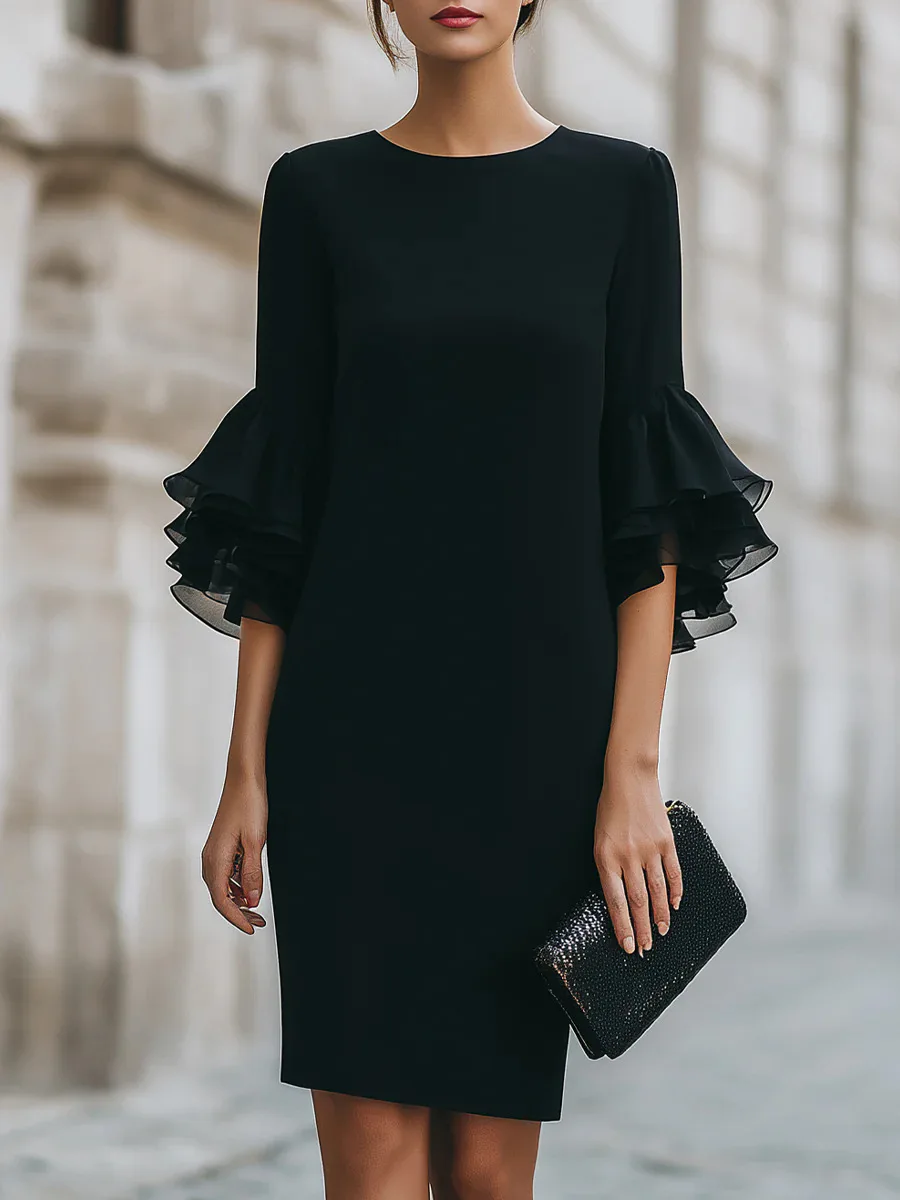 

Casual Elegant Party Dress Spring Summer Fashion Solid Color Simple Commuter Style Round Neck Mid-sleeve Mid-length Dresses