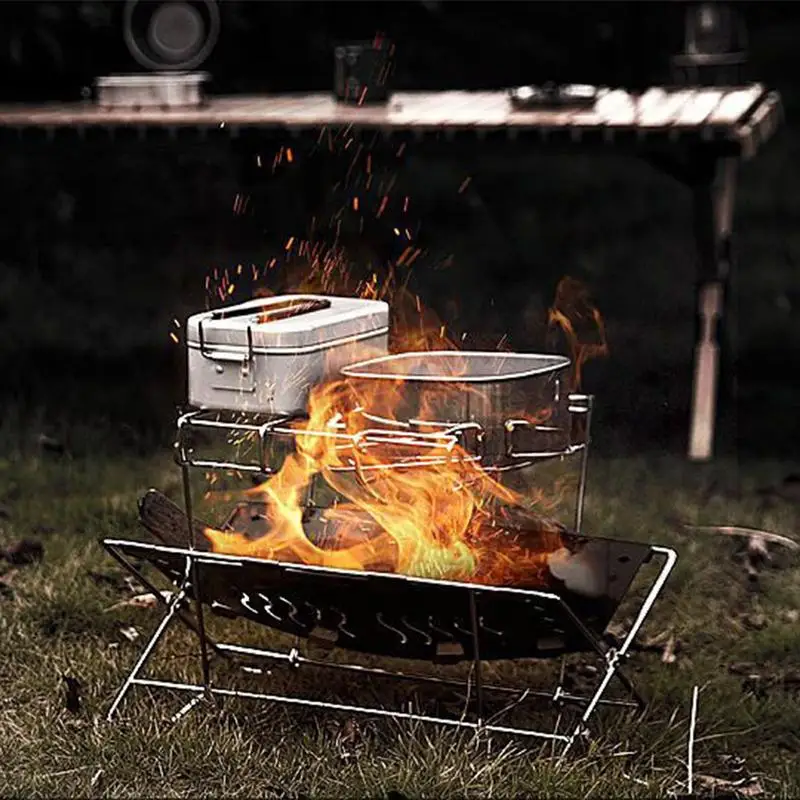 Firepit Stand Stainless Steel Folding Firepit Holder Grilling Accessories Portable Bonfire Stand For Barbecue Camping Outside