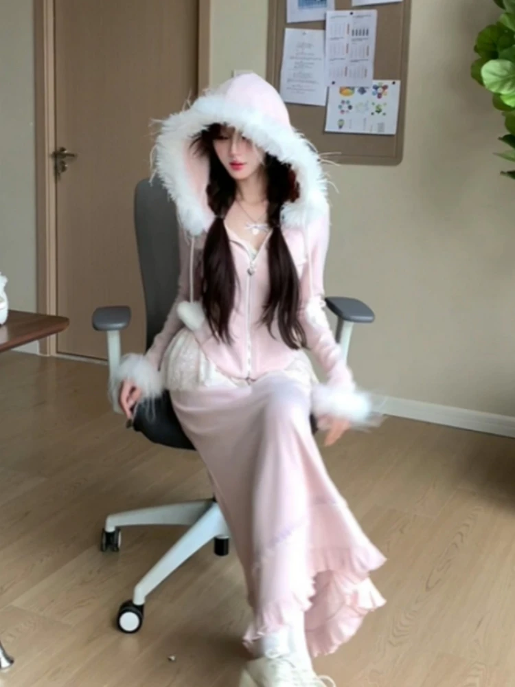 

Elegant Autumn Winter Women Long Sleeve Coat Casual Kawaii Sweet Slim Fit Hooded Tops & Lolita Midi Skirt Two Piece Set 2025